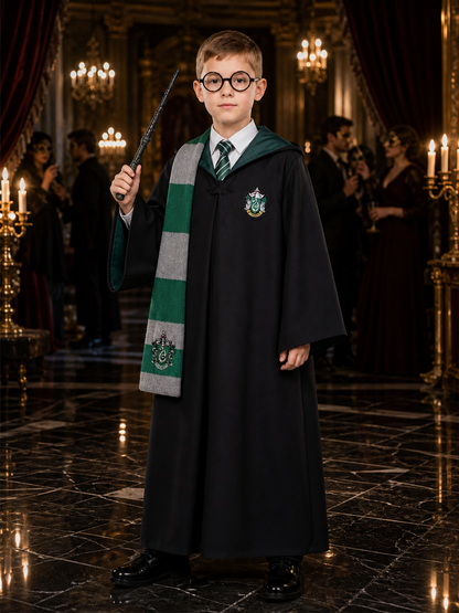 Kids Wizard Robe Costume Set, Dark Green Hooded Robe with Tie Scarf Glasses and Costumes detail
