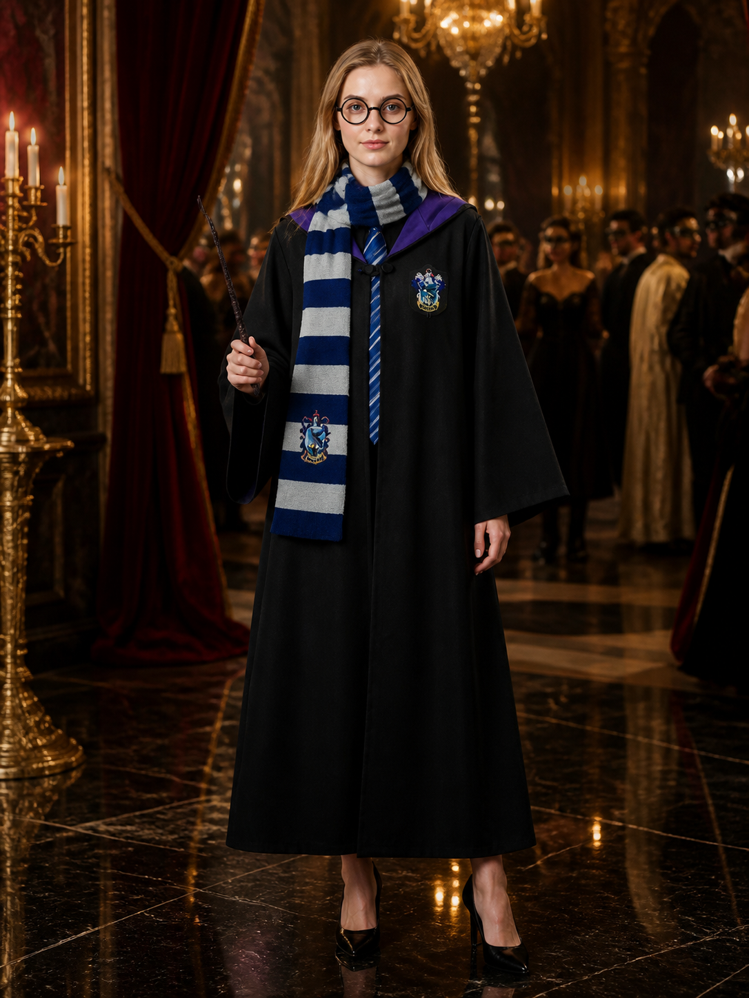 Wizard Robe Costume Set with Black Long Hooded Cloak, Purple Lining, Striped Costume Capes detail