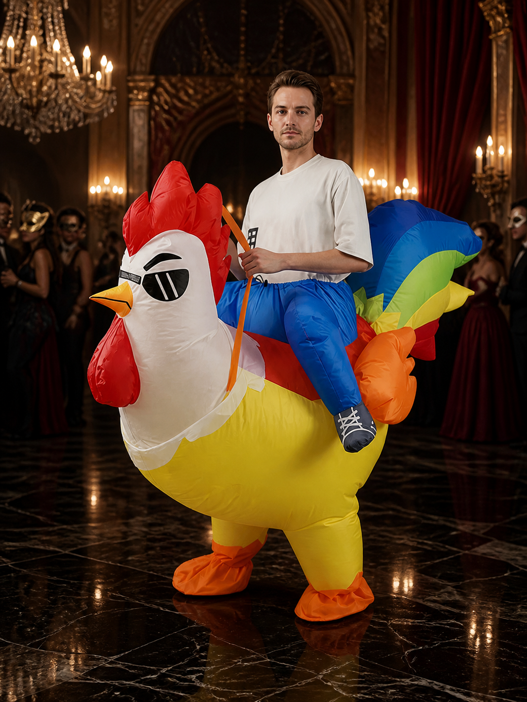 Inflatable Chicken Costume for Halloween, Animal Party Outfit with Red Comb and Costumes detail