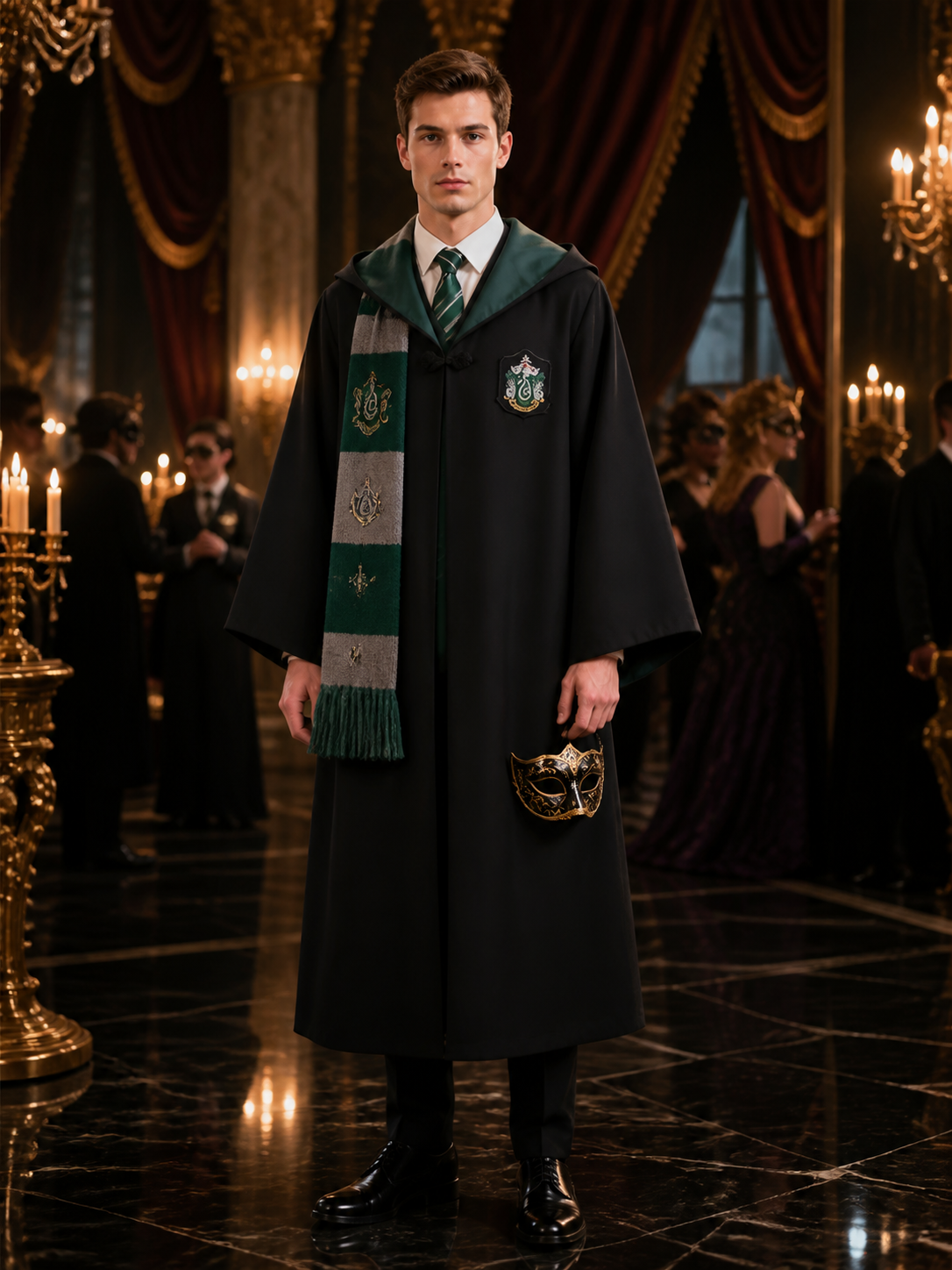 Green Hooded Wizard Robe Costume Set With Striped Scarf And Tie