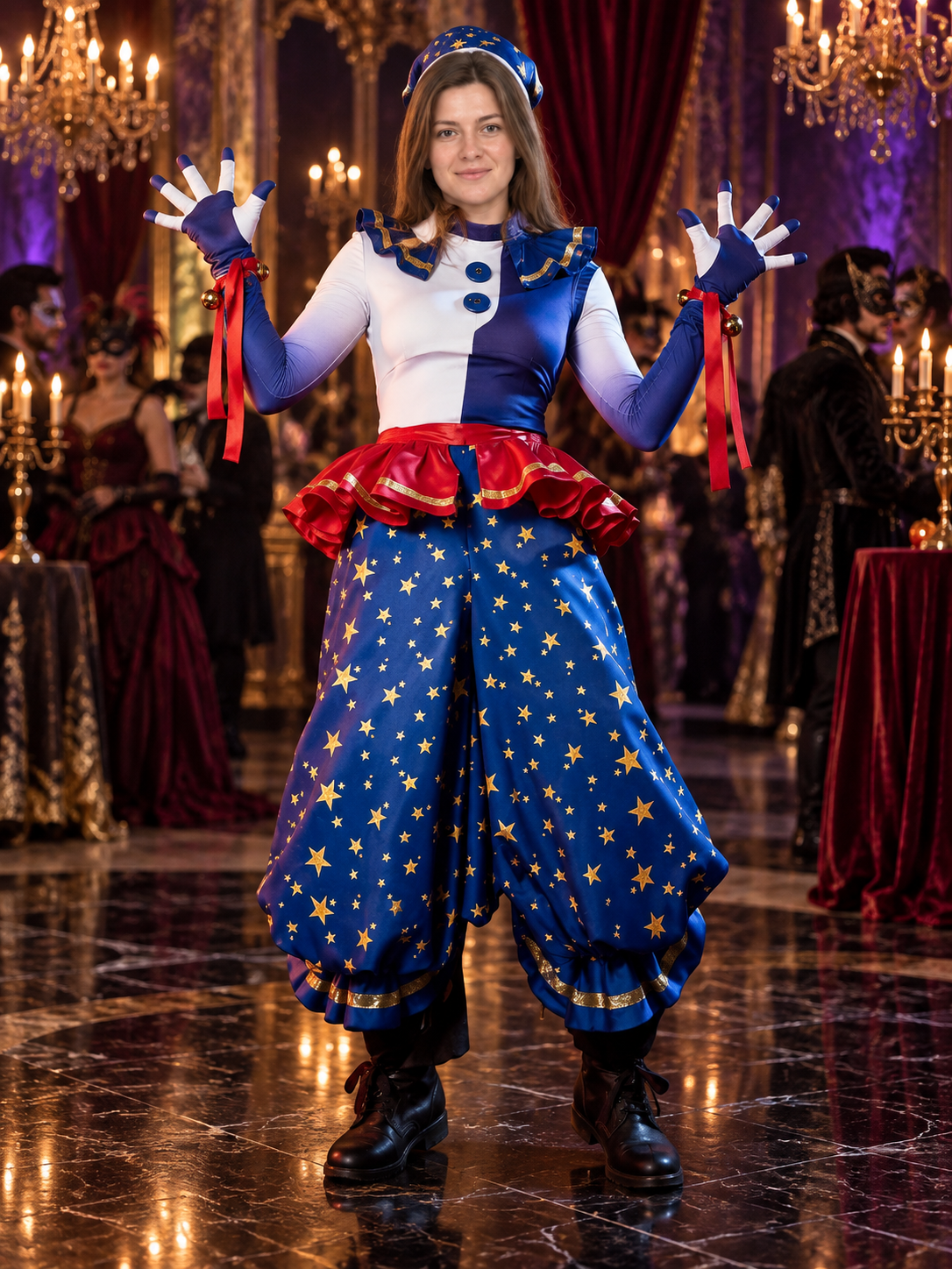 Carnival Clown Costume with Gold Stars and Bells