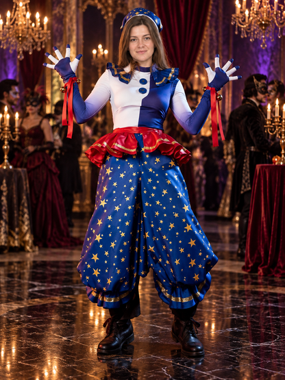 Carnival Clown Costume with Gold Stars and Bells