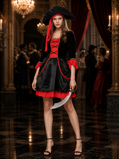 Women's Pirate Costume Set, Black and Red Dress with Hat, Cross Lace Up for Costume Dresses detail