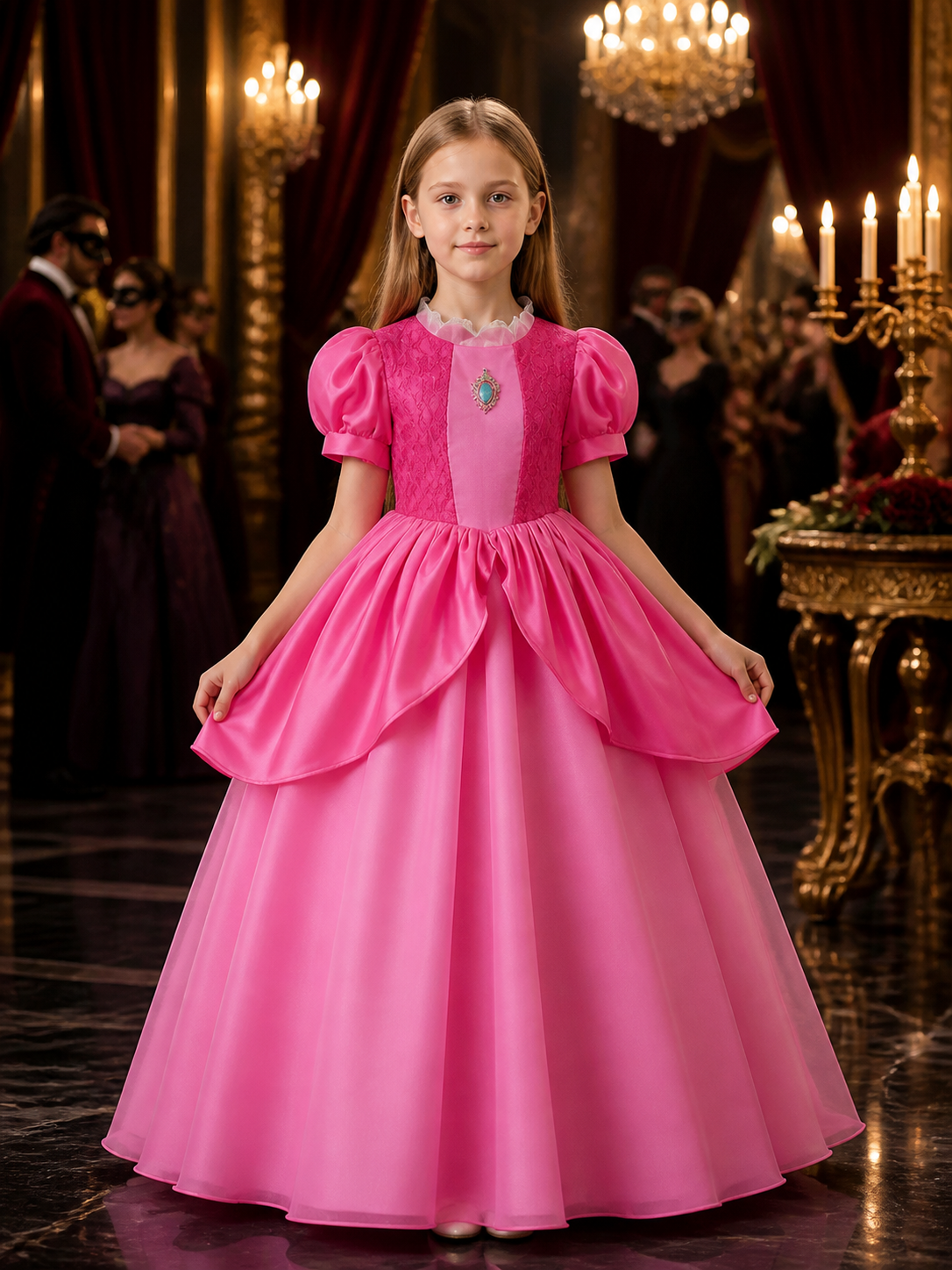 Girls Pink Princess Costume Dress With Lace Collar And Layered Skirt Costume Dresses detail
