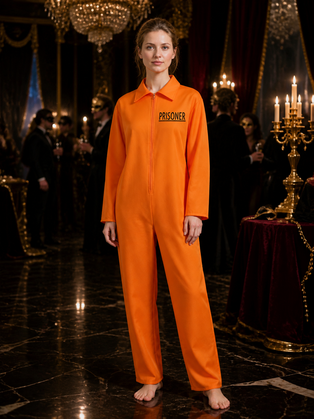 Orange Prisoner Jumpsuit Costume, Long Sleeve Collared Zipper Cosplay Outfit Costumes detail