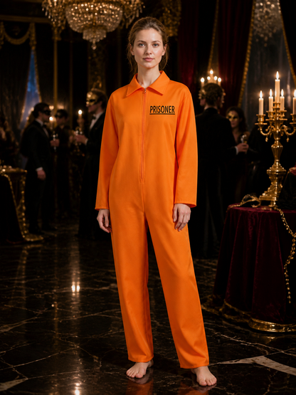 Orange Prisoner Jumpsuit Costume, Long Sleeve Collared Zipper Cosplay Outfit Costumes detail