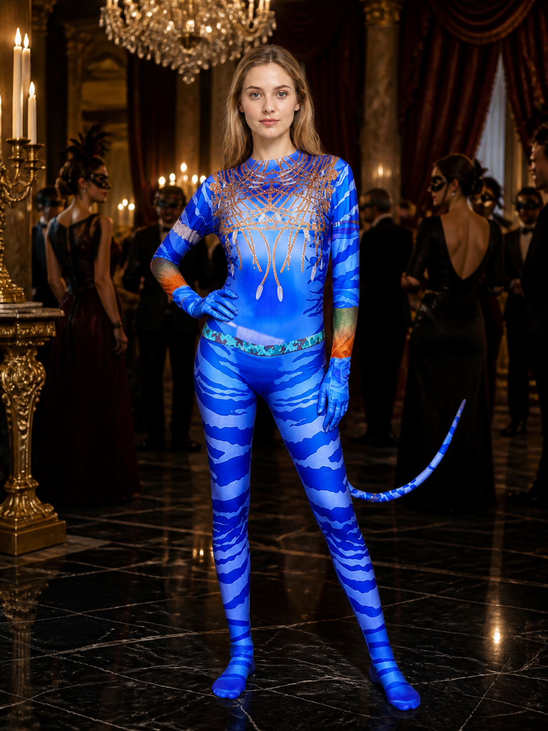 Women's Avatar 2 Costume Bodysuit with Tail, Blue and Orange Print for Halloween