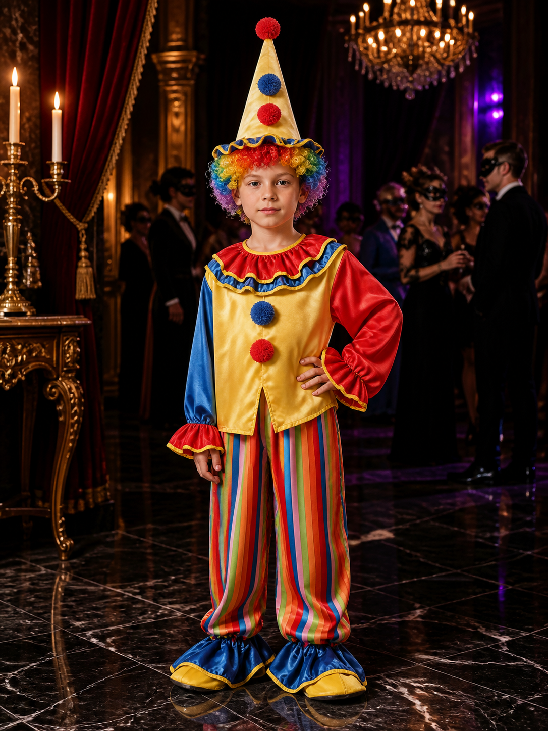 Kids' Colorful Clown Circus Costume Set with Ruffle Top, Pants and Pointed Hat Costume Headwear detail
