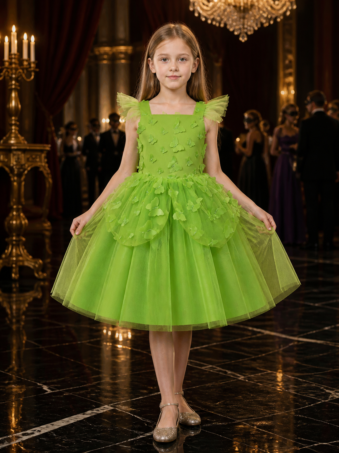 Girls' Green Butterfly Princess Cosplay Dress, Tulle Ball Gown Costume Dresses detail