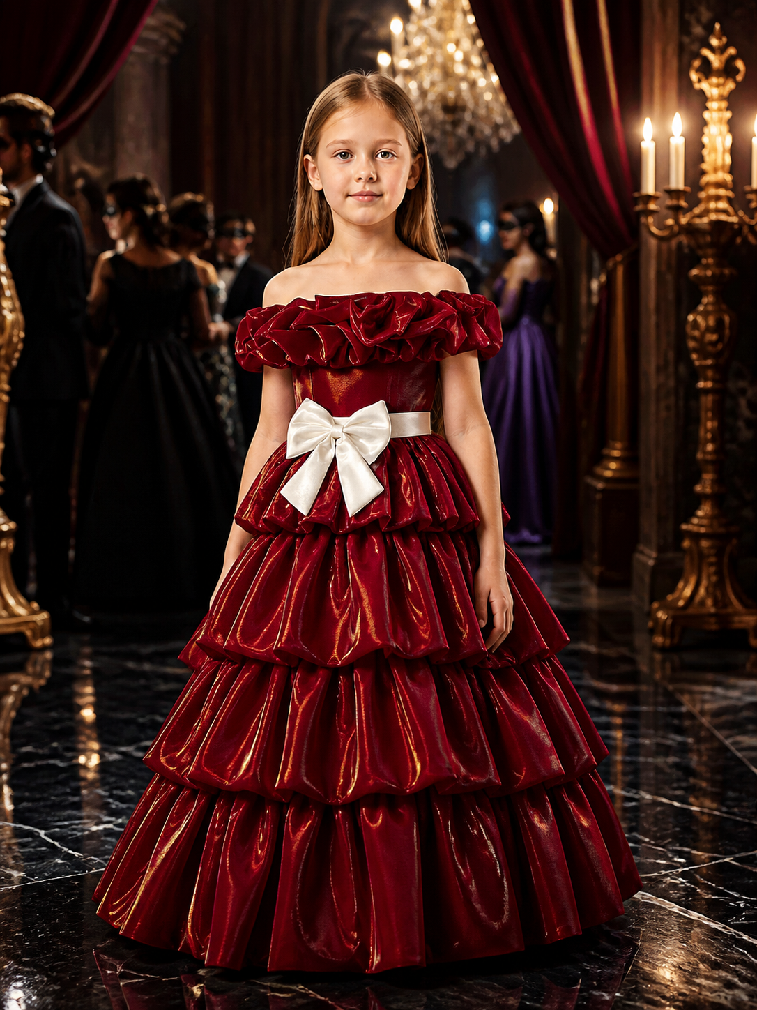Baby Girls' Maroon Princess Dress with Layered Ruffle Skirt and White Bow Costume Dresses detail