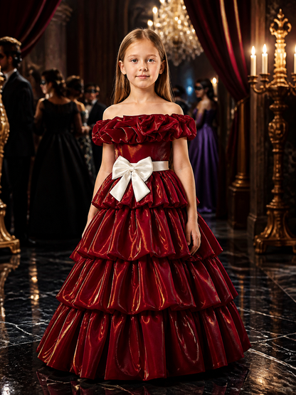 Baby Girls' Maroon Princess Dress with Layered Ruffle Skirt and White Bow Costume Dresses detail