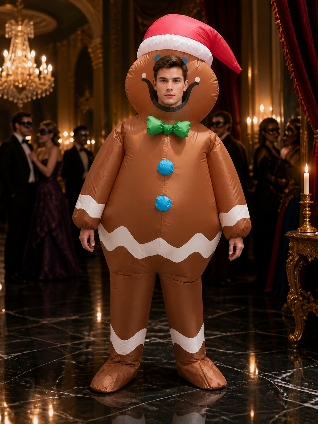 Adult Inflatable Gingerbread Man Costume with Santa Hat and Bow Tie, Funny Costume Headwear detail