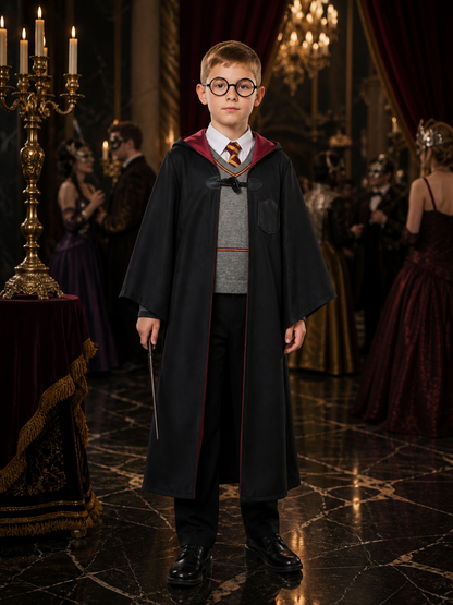 Kids Halloween Wizard Costume Set, Hooded Robe, Vest, Trousers and Round Glasses Costumes detail