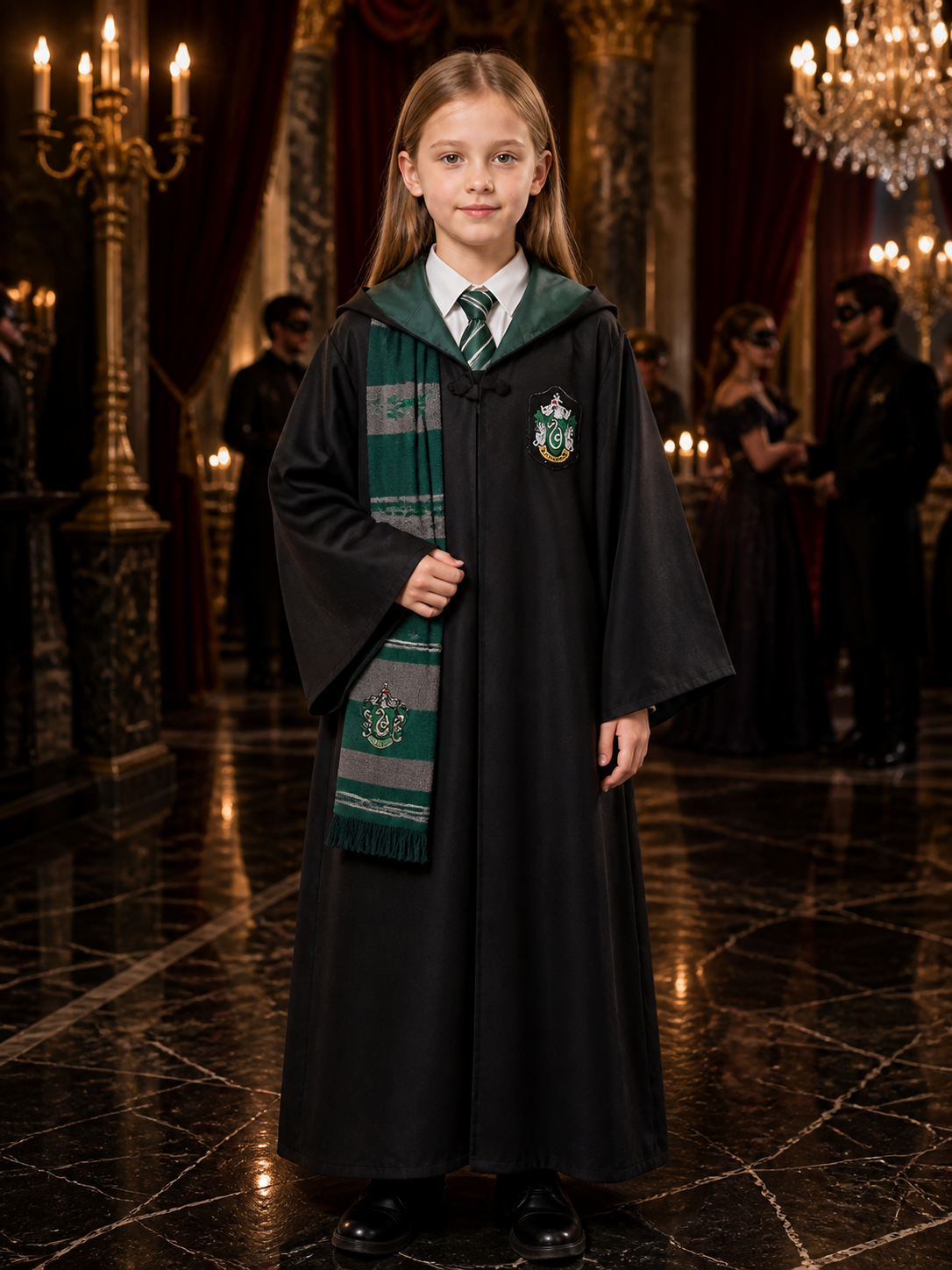 Wizard Robe Costume Set with Hood, Tie and Scarf, Green and Gray Striped Costumes detail