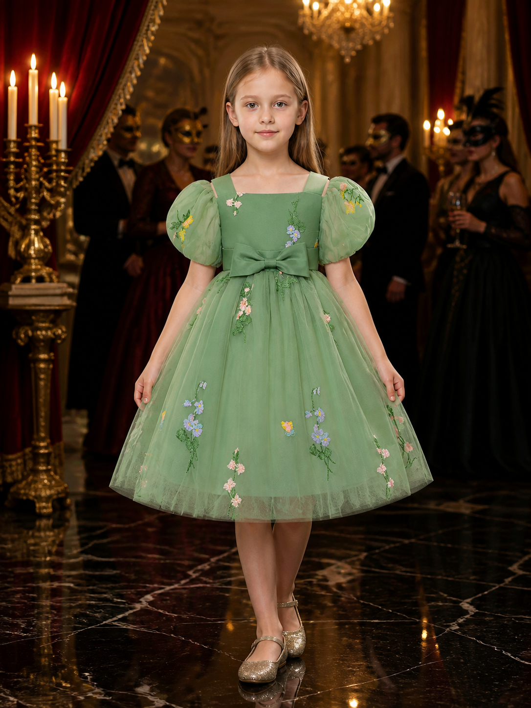 Baby Girls Green Floral Embroidered Puff Sleeve Tulle Princess Dress Costume Dresses detail