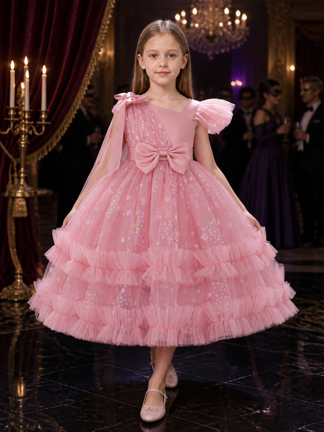 Baby Girls' Pink Sequined Princess Dress with Bows and Layered Ruffle Skirt Costume Dresses detail