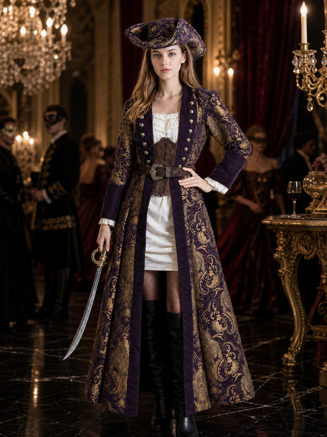 Adult Pirate Costume Set, Dark Purple And Gold Long Coat With Tricorn Hat, Waist Costume Headwear detail
