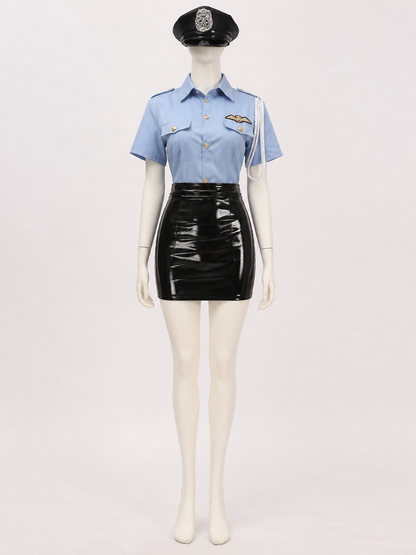 Women's Sexy Police Officer Halloween Costume Set, Light Blue Top & Black Costumes detail
