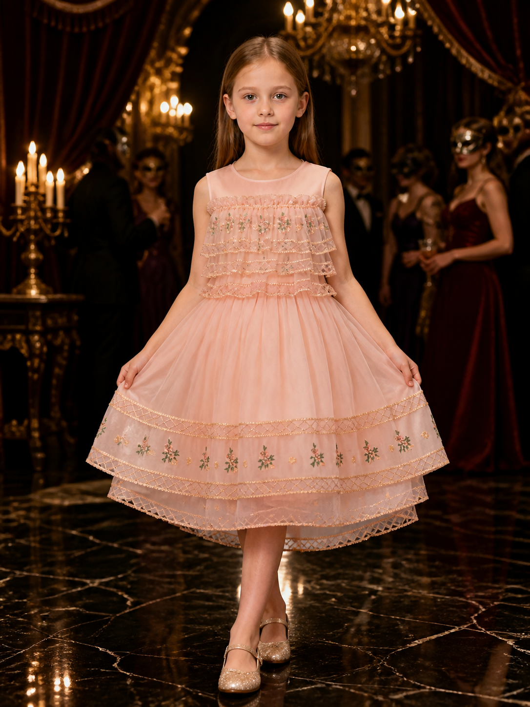 Girls' Pink Princess Party Dress with Floral Pattern and Gold Trim Costume Dresses detail