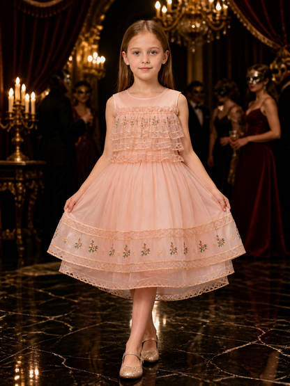 Girls' Pink Princess Party Dress with Floral Pattern and Gold Trim Costume Dresses detail