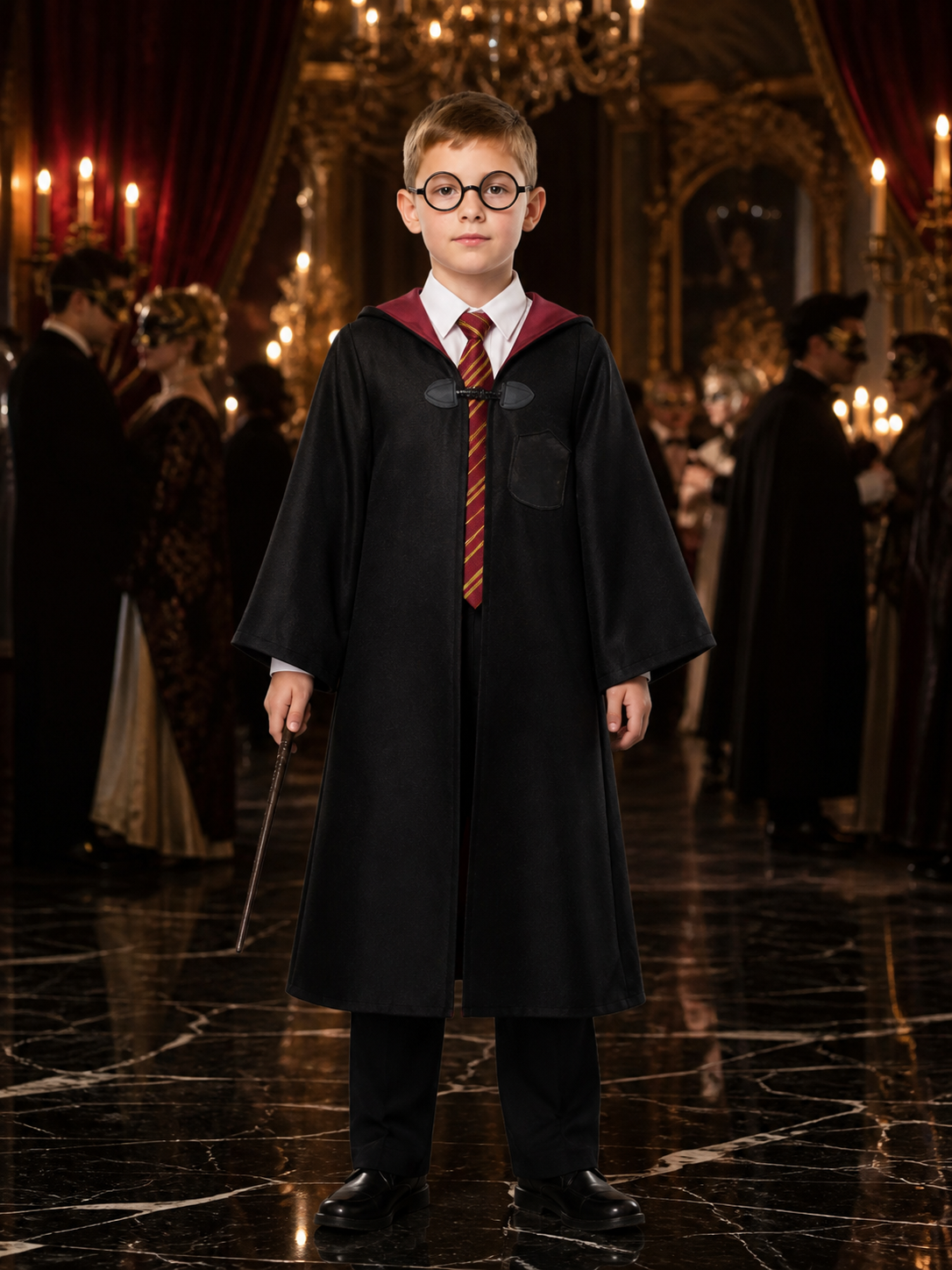 Children's Wizard Costume Set, Hooded Robe, Shirt, Pants, Tie and Glasses Costumes detail