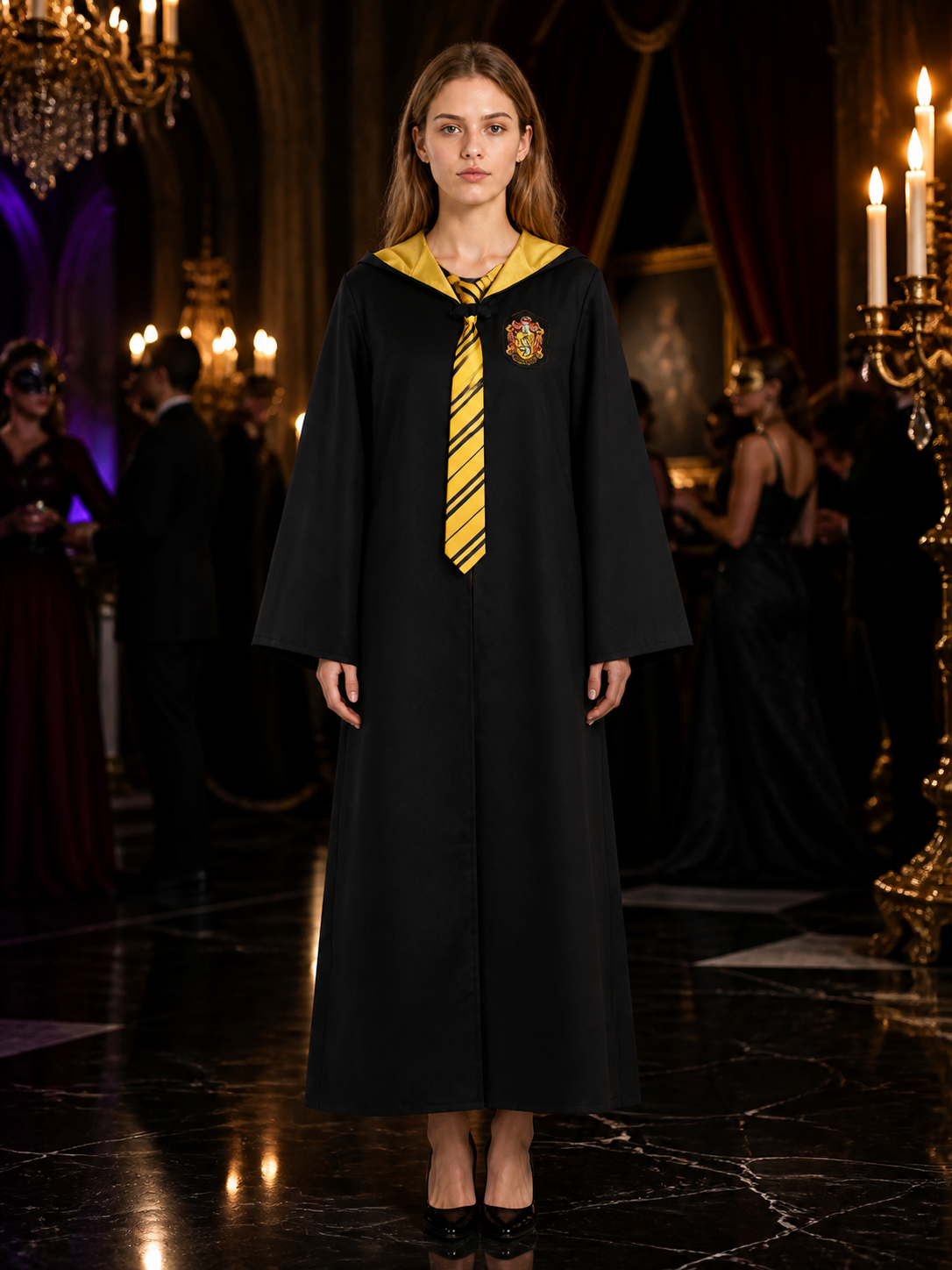 Hufflepuff Long Hooded Wizard Robe Costume Set with Striped Tie for Halloween Costumes detail
