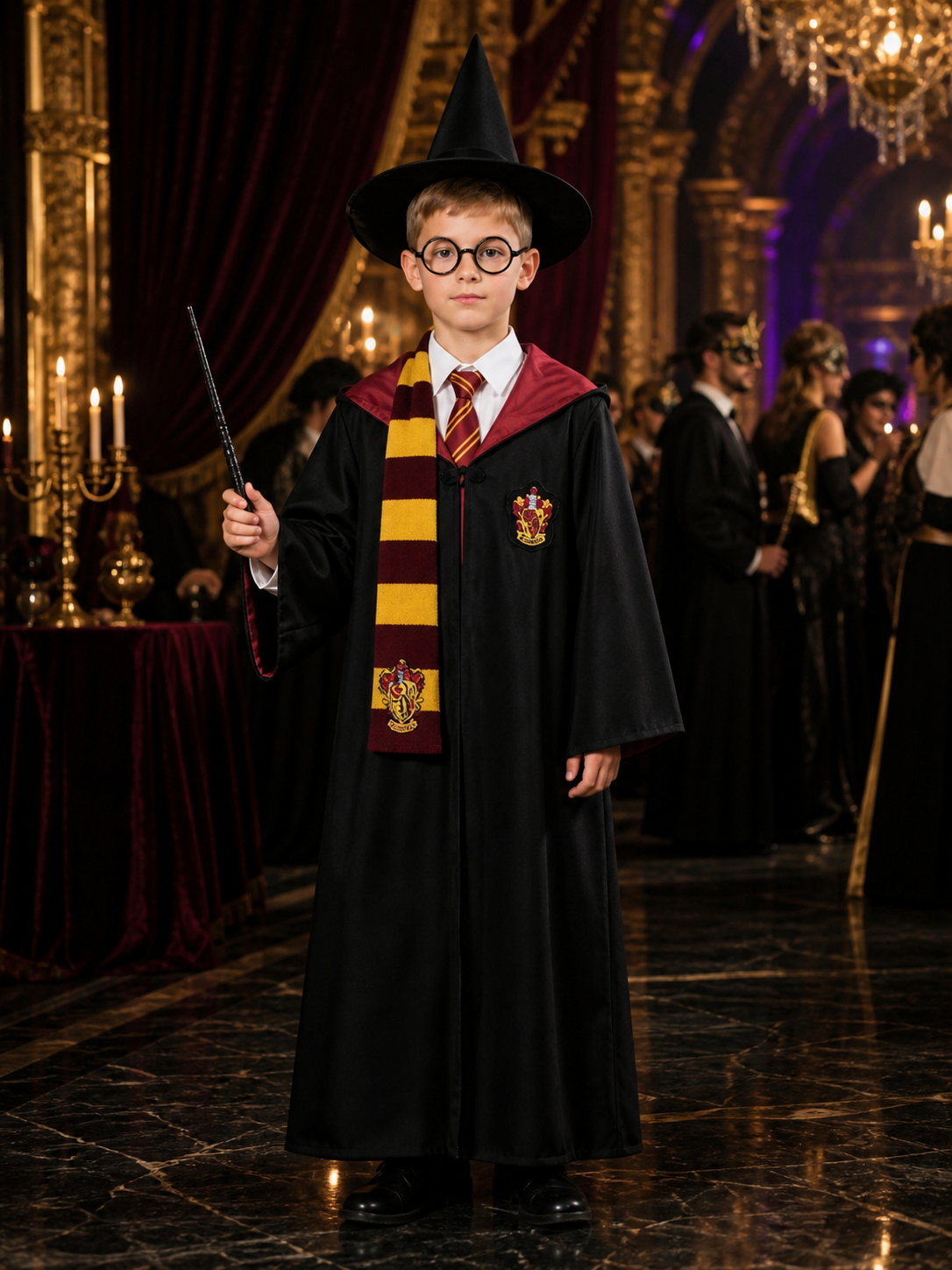 Kids Long Hooded Wizard Robe Costume Set with Red & Yellow Striped Scarf & Tie Costumes detail