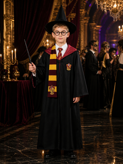 Kids Long Hooded Wizard Robe Costume Set with Red & Yellow Striped Scarf & Tie Costumes detail