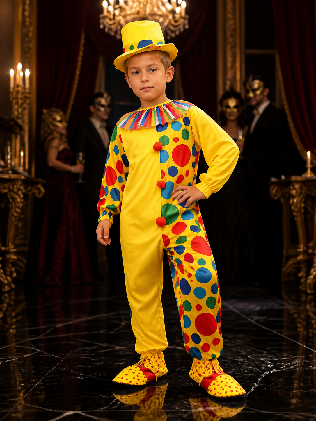 Boys' Clown Costume Set, Colorful Polka Dot Jumpsuit With Hat Costume Headwear detail