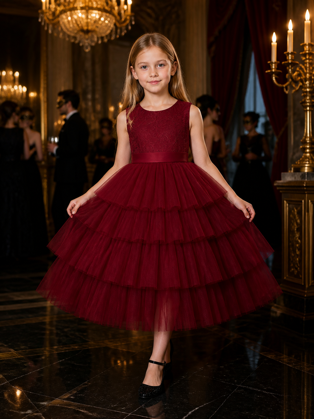 Girls' Maroon Princess Dress, Lace-Patterned Top and Layered Tulle Skirt Costume Dresses detail