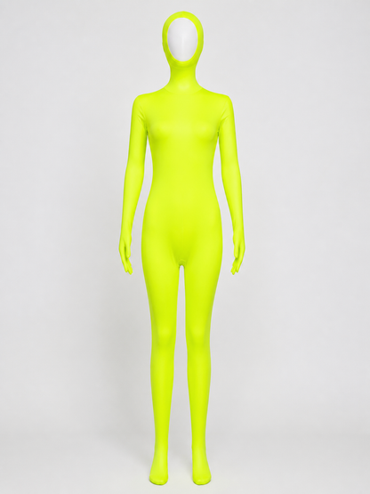 Fluorescent Yellow Zentai Bodysuit Costume, Full Body Hooded Jumpsuit with Face Costumes detail