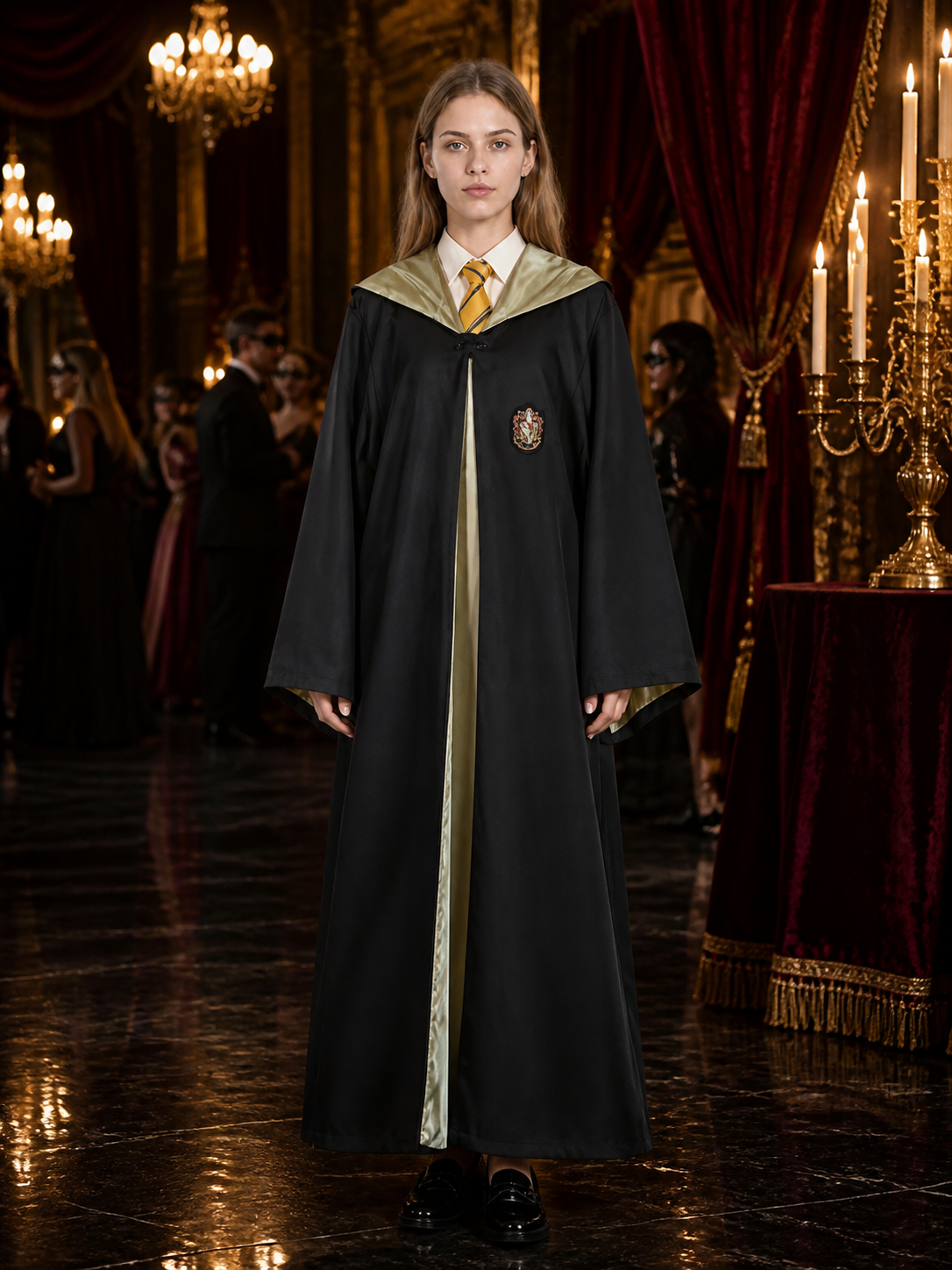 Wizard Robe Costume Set, Long Black Cloak with Crest and Striped Tie, Halloween Costume Capes detail