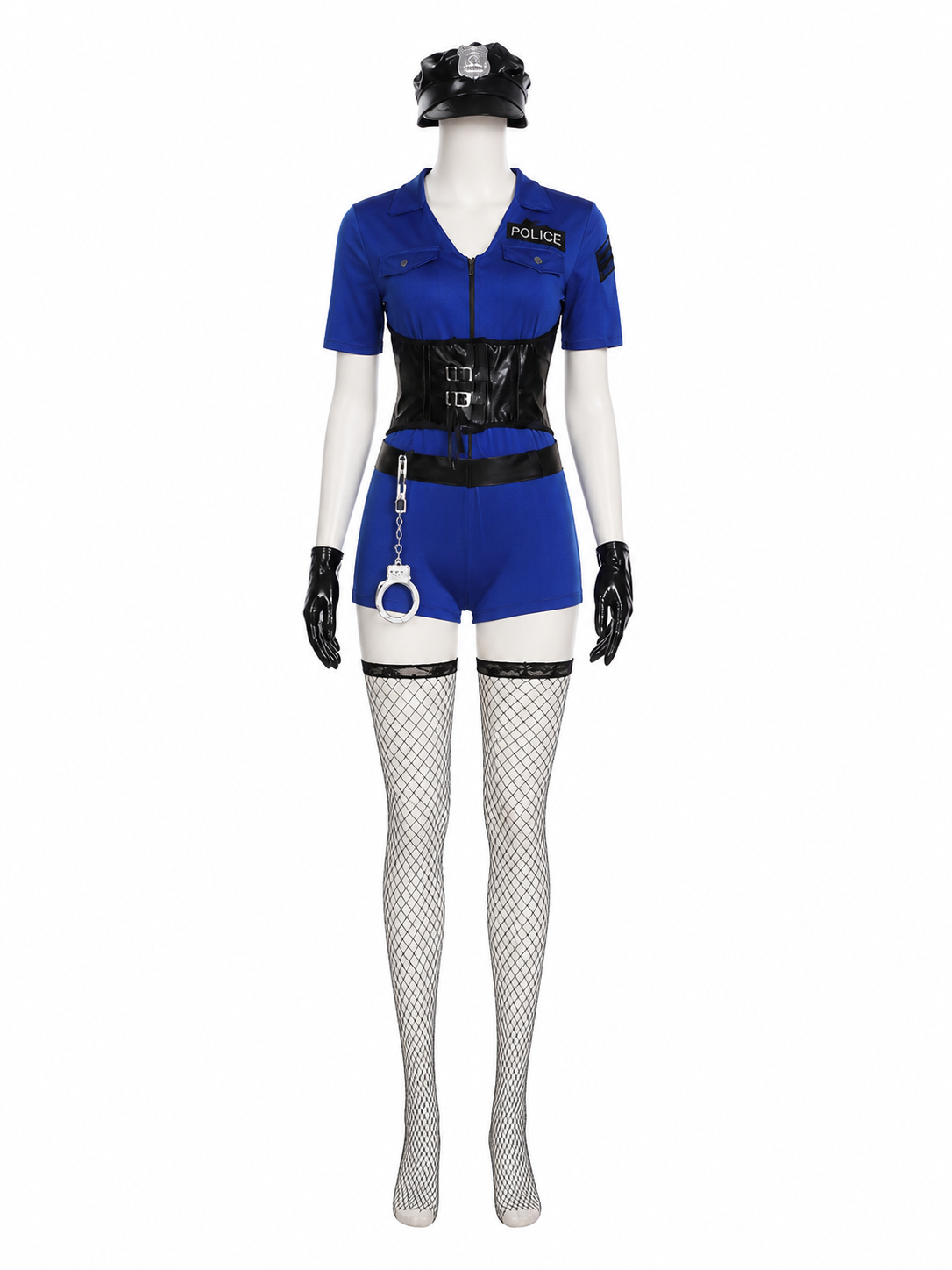 Women's Blue Police Officer Costume Set with Hat, Gloves, Handcuffs, and Costume Headwear detail