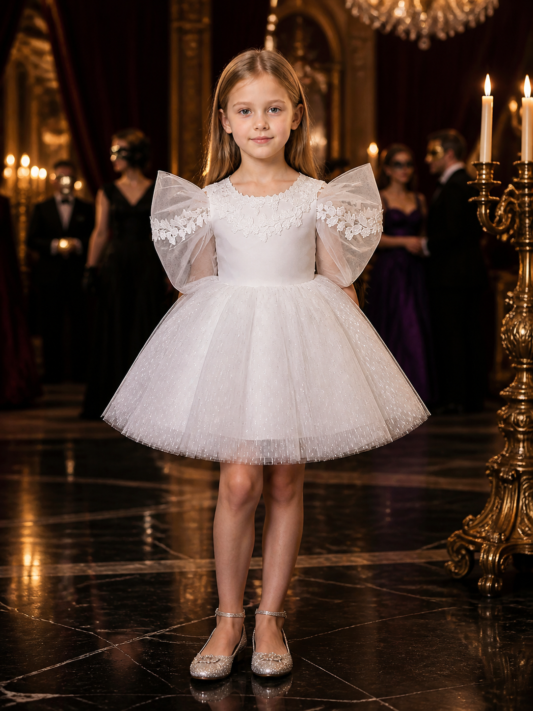 Baby Girls' White Princess Dress, Glitter Stripe Tulle Gown With Lace Appliques Costume Dresses detail