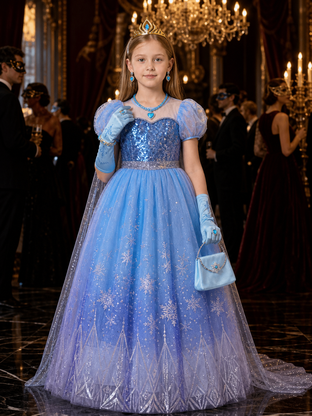 Kids Snow Queen Princess Halloween Costume Set with Sequined Blue Gown Costume Dresses detail