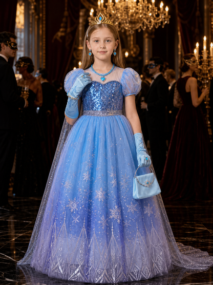 Kids Snow Queen Princess Halloween Costume Set with Sequined Blue Gown Costume Dresses detail