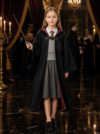 Kids Wizard Costume Set With Hooded Robe, Vest, Skirt And Wand Costume Accessories detail