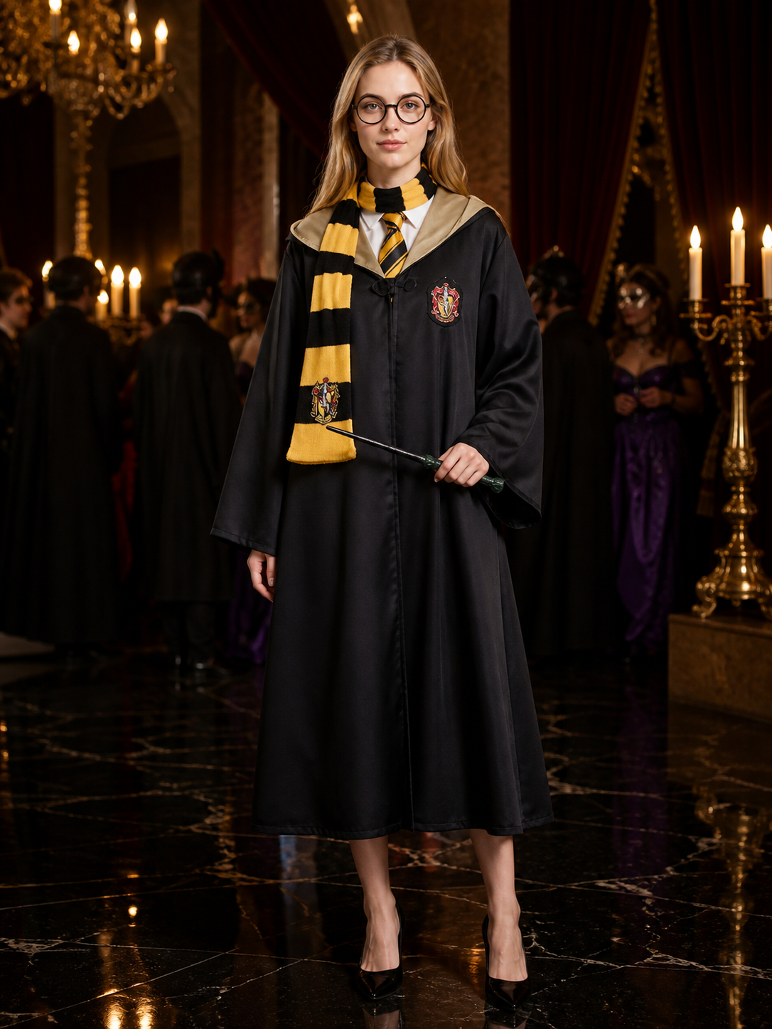 Hufflepuff Wizard Costume Set with Robe, Scarf, Tie, Glasses and Wand - Black Costume Accessories detail