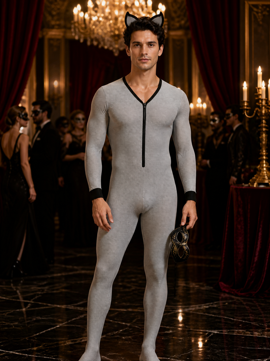 Men's Spider Superhero Bodysuit Costume, Black and White Mesh-Pattern Eye Costumes detail