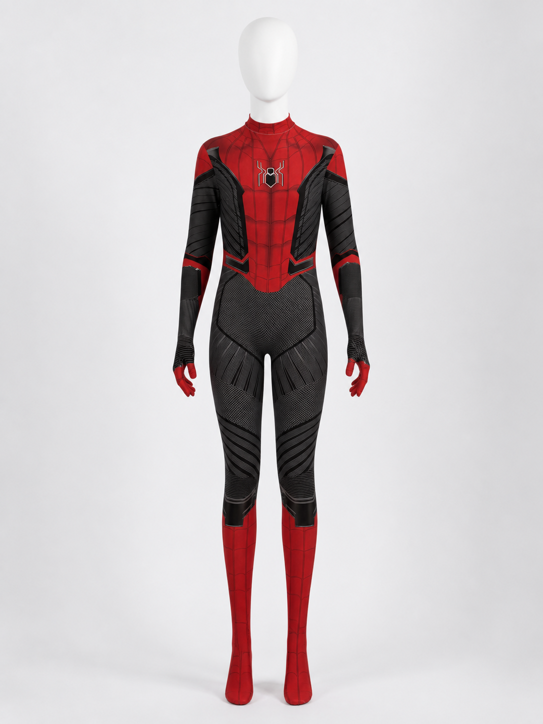 Red and Black Spider-Themed Full-Body Jumpsuit Costume, Head-Covering Design Costumes detail