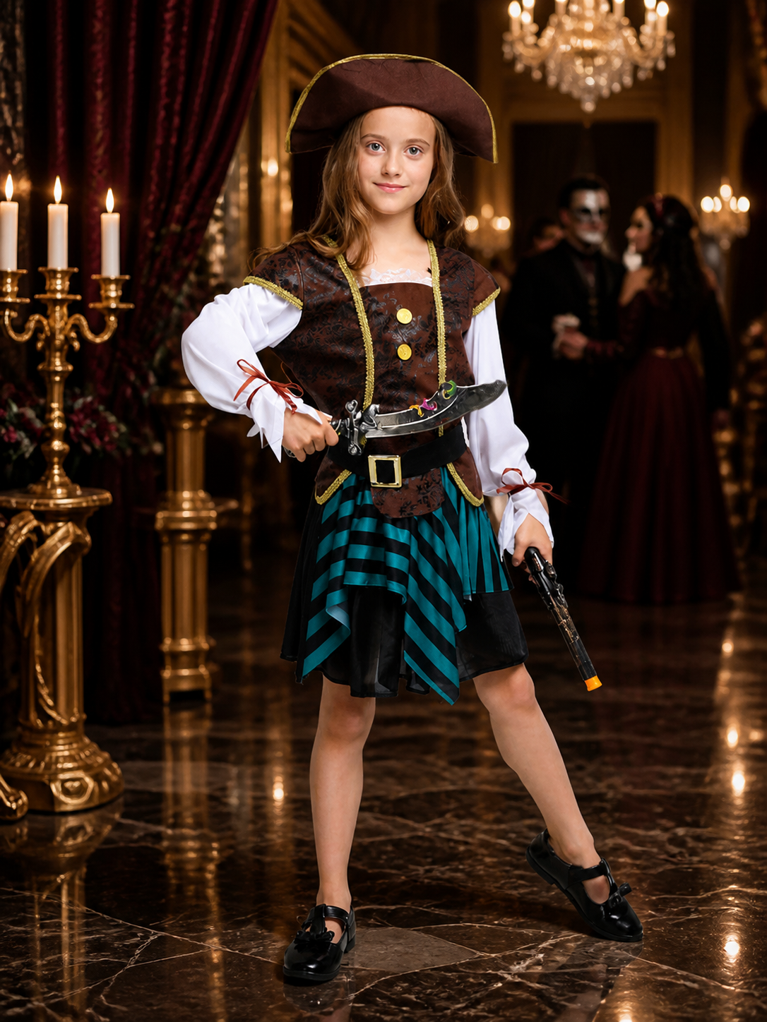 Kids Pirate Captain Costume Set with Striped Skirt, Vest, Hat and Belt Costume Headwear detail