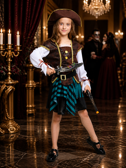 Kids Pirate Captain Costume Set with Striped Skirt, Vest, Hat and Belt Costume Headwear detail