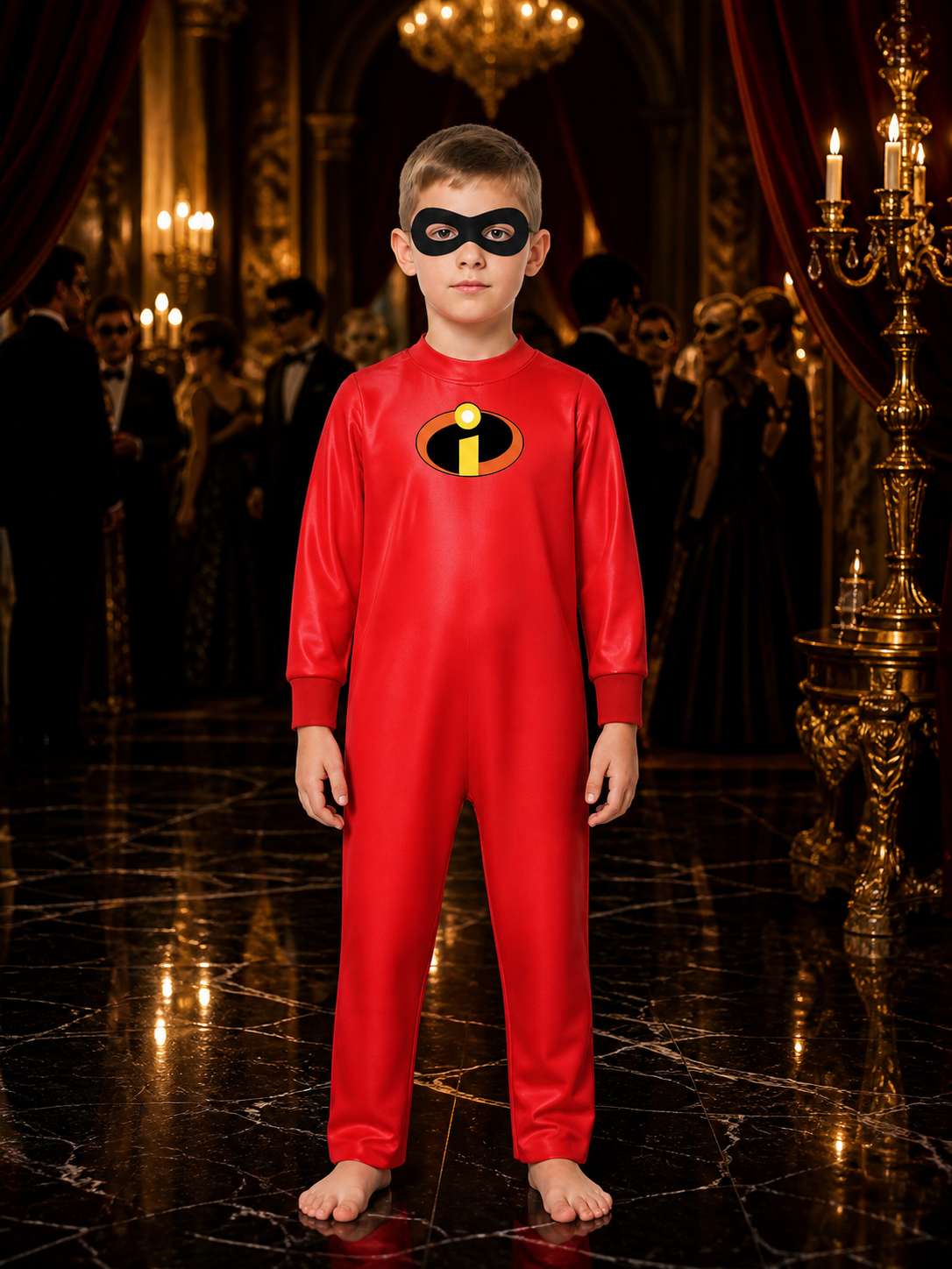 Kids Superhero Bodysuit Costume with Eye Mask, Red Long Sleeve Jumpsuit for Costume Masks detail