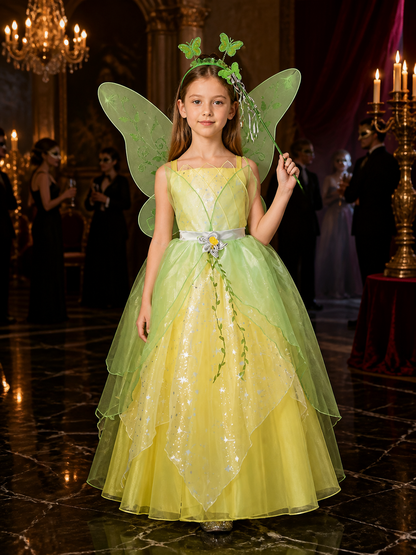 Girls Fairy Princess Dress Costume with Translucent Wings, Green Yellow Ombre Costume Dresses detail