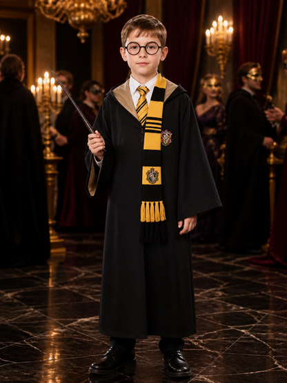 Wizard School Robe Costume Set, Chest Badge, Hooded Collar, Yellow Black Tie & Costumes detail
