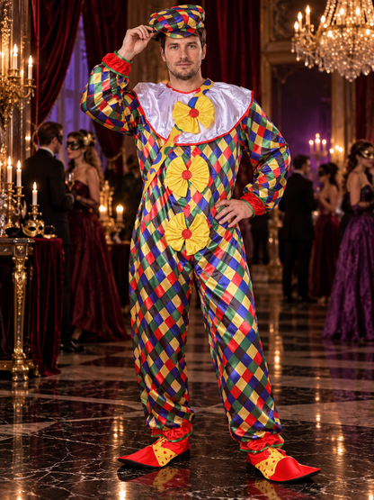 Adult Clown Costume, Colorful Jumpsuit, Hat