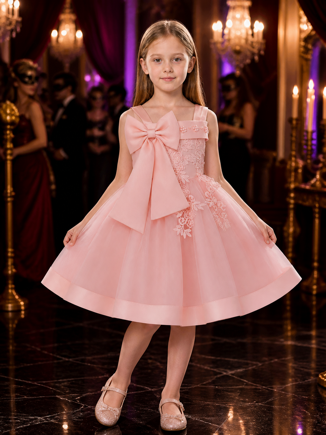 Girls' Princess Party Dress, Layered Tulle Skirt with Bow and Lace Embroidery Costume Dresses detail