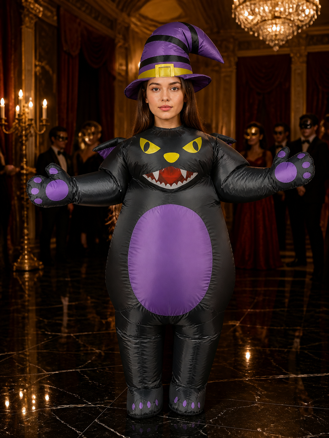 Halloween Cat Animal Jumpsuit Costume With Witch Hat Costume Headwear detail