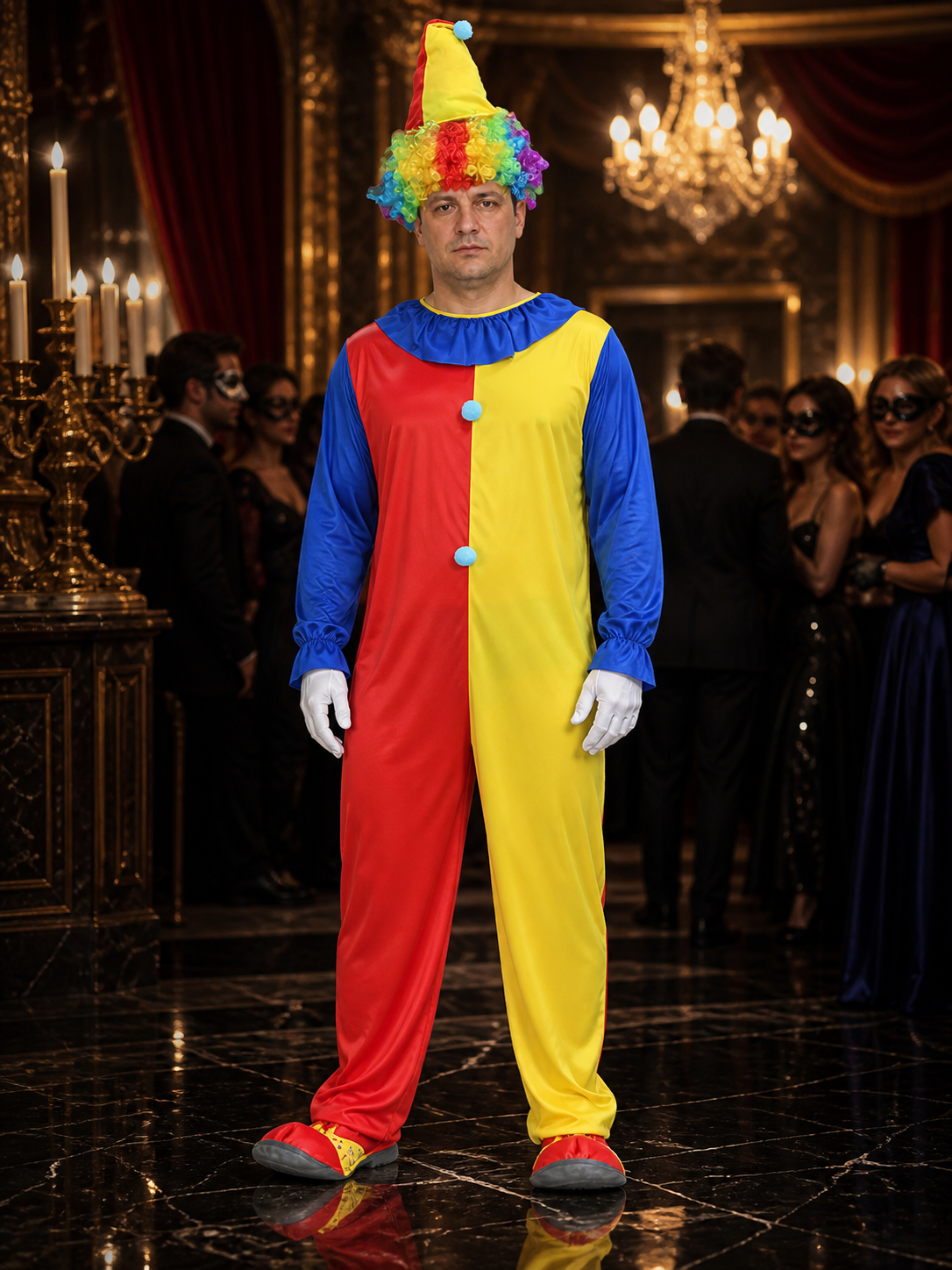 Adult Unisex Clown Jumpsuit Costume Set, Red/Yellow Split with Pointed Hat Costume Headwear detail
