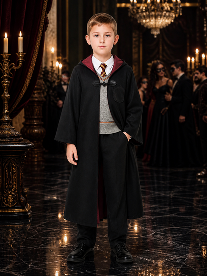 Kids Hooded Wizard Robe Costume Set, 3-Piece Halloween School-Themed Outfit